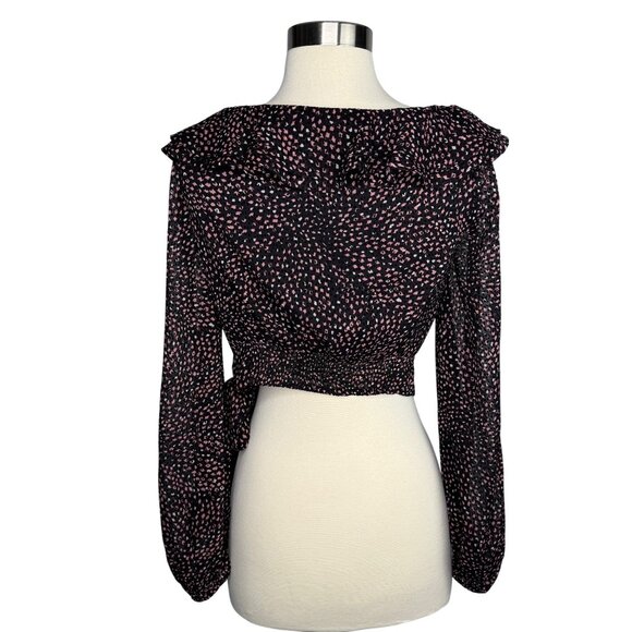 Express Cropped Black Long Sleeve Wrap-Style Blouse‎ with Ruffle V-Neck Size XS - Picture 8 of 10